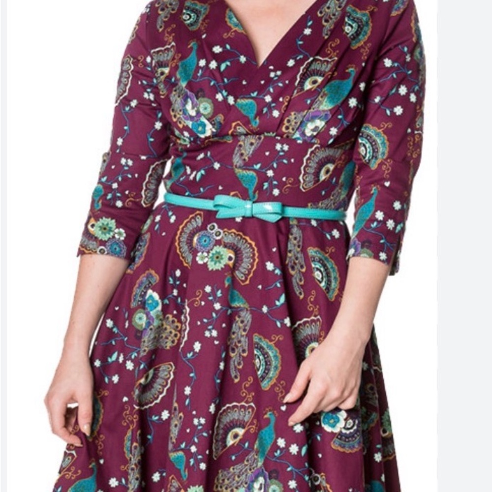 Retro 50s Peacock and Floral Dress (L) - Picture 2 of 4